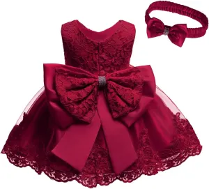 0-6T Toddler Girls Pageant Lace Dresses Baby Birthday Party Embroidery Dress with Headwear