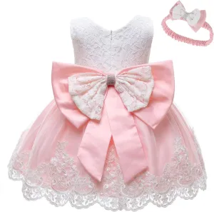 0-6T Toddler Girls Pageant Lace Dresses Baby Birthday Party Embroidery Dress with Headwear