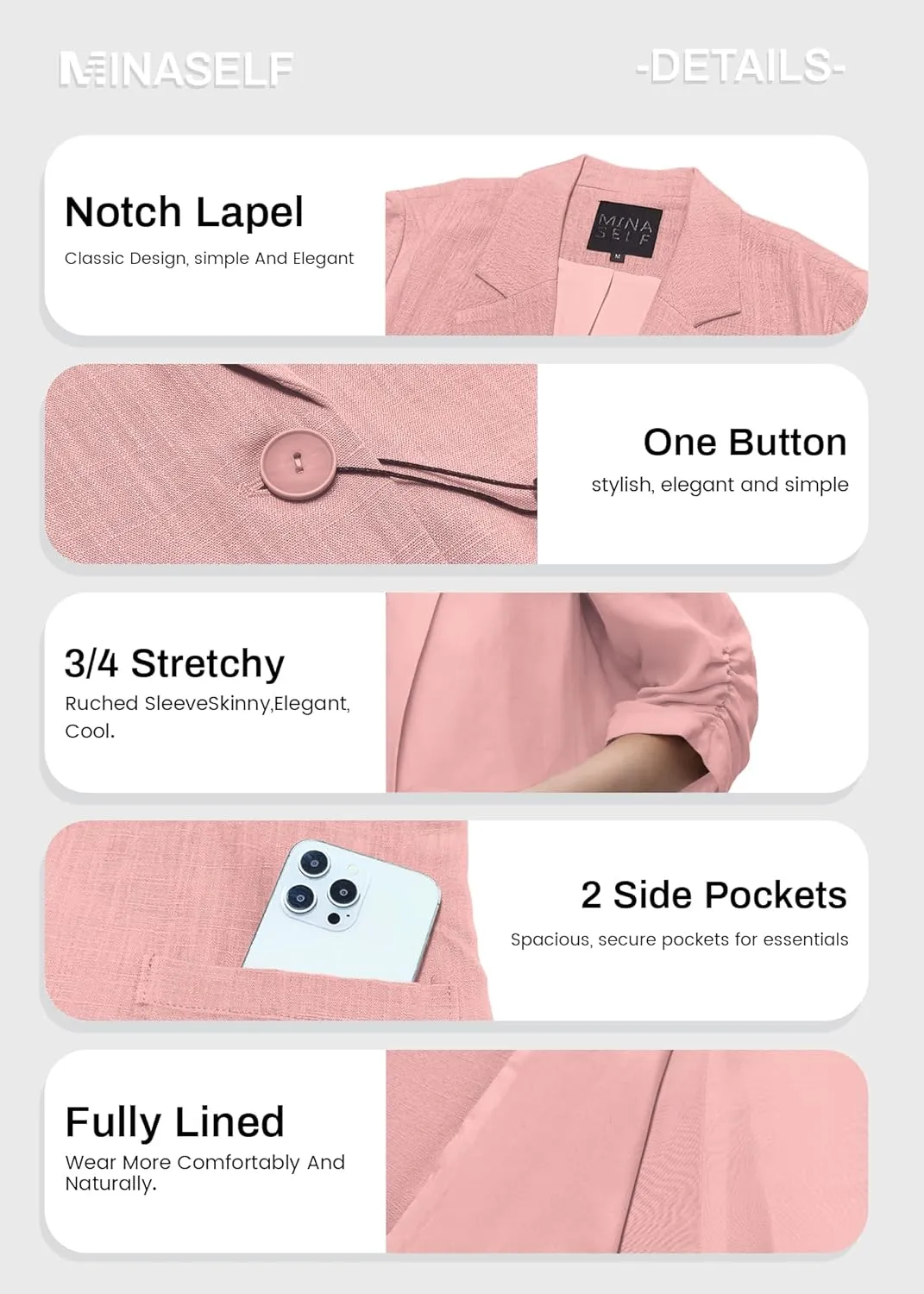 2025 Summer Linen Blazer Women Lightweight 3/4 Stretchy Ruched Sleeve Fully-Lined Casual Work Jacket with Pockets