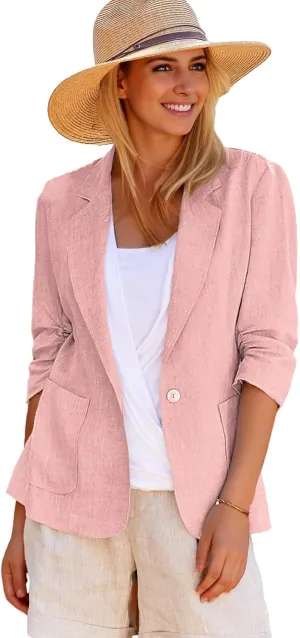 2025 Summer Linen Blazer Women Lightweight 3/4 Stretchy Ruched Sleeve Fully-Lined Casual Work Jacket with Pockets