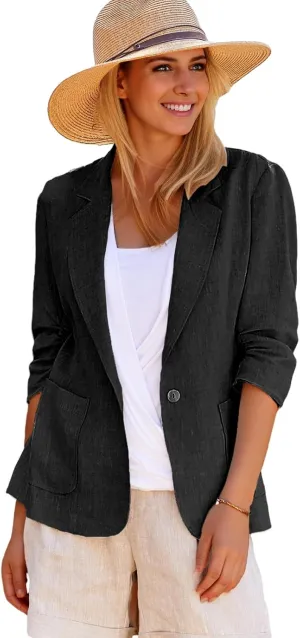 2025 Summer Linen Blazer Women Lightweight 3/4 Stretchy Ruched Sleeve Fully-Lined Casual Work Jacket with Pockets