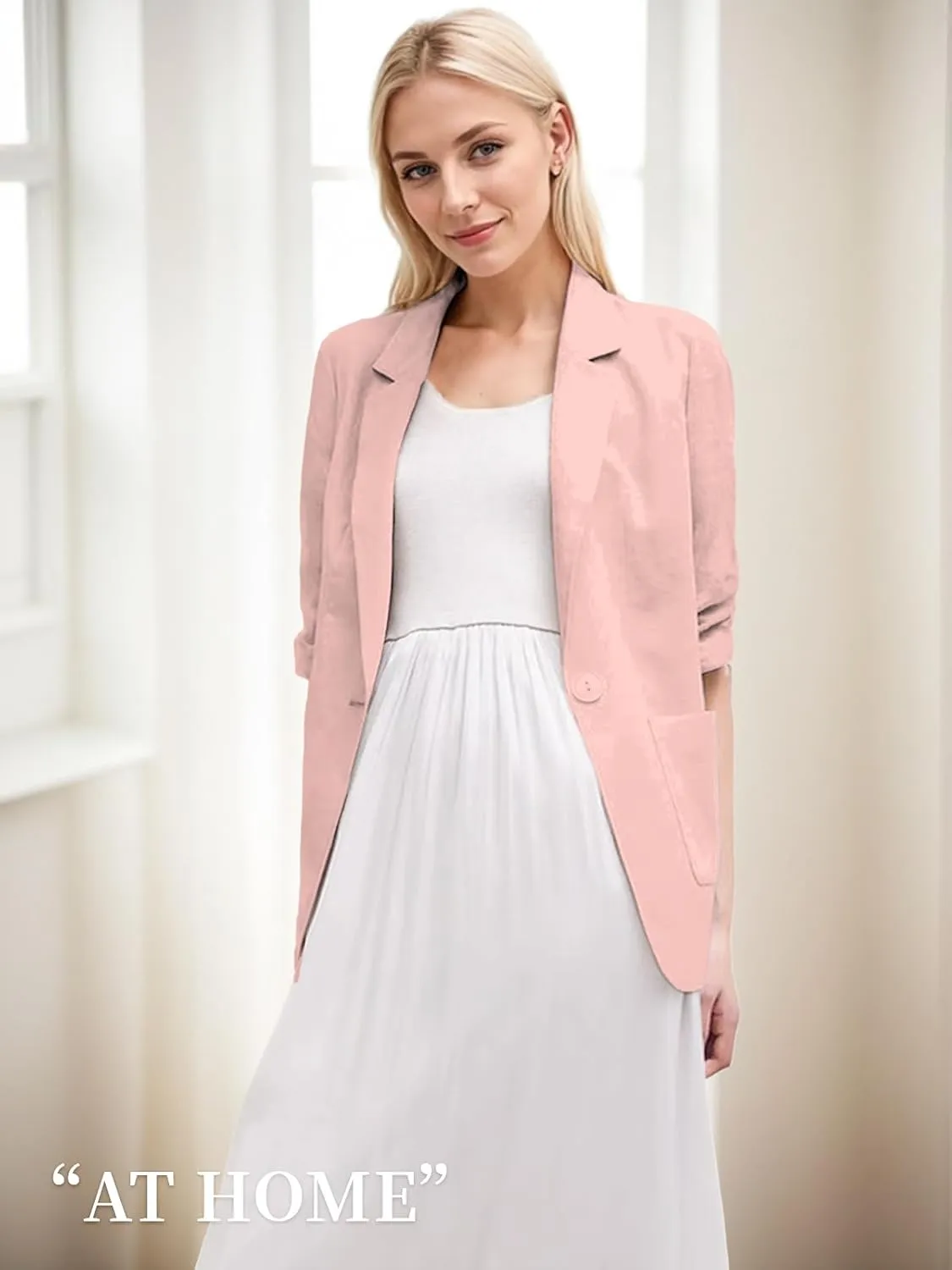2025 Summer Linen Blazer Women Lightweight 3/4 Stretchy Ruched Sleeve Fully-Lined Casual Work Jacket with Pockets