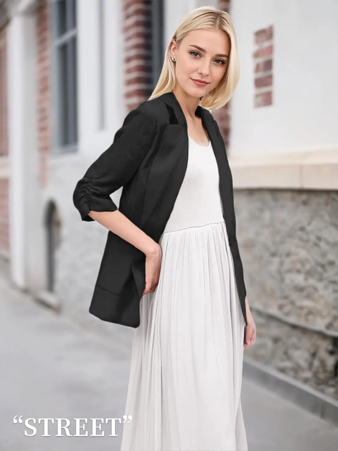 2025 Summer Linen Blazer Women Lightweight 3/4 Stretchy Ruched Sleeve Fully-Lined Casual Work Jacket with Pockets