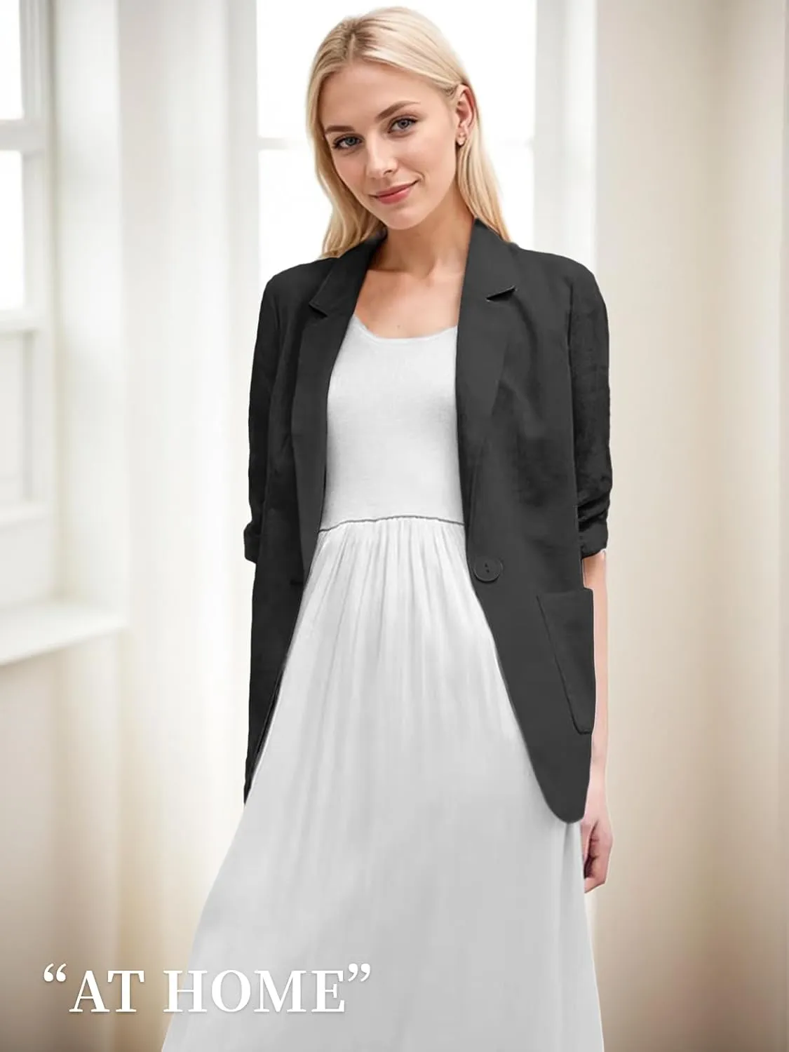 2025 Summer Linen Blazer Women Lightweight 3/4 Stretchy Ruched Sleeve Fully-Lined Casual Work Jacket with Pockets