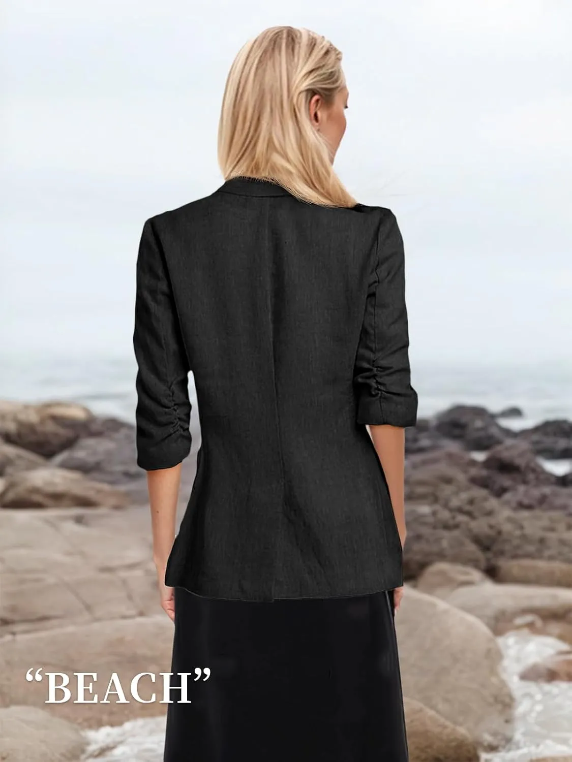 2025 Summer Linen Blazer Women Lightweight 3/4 Stretchy Ruched Sleeve Fully-Lined Casual Work Jacket with Pockets