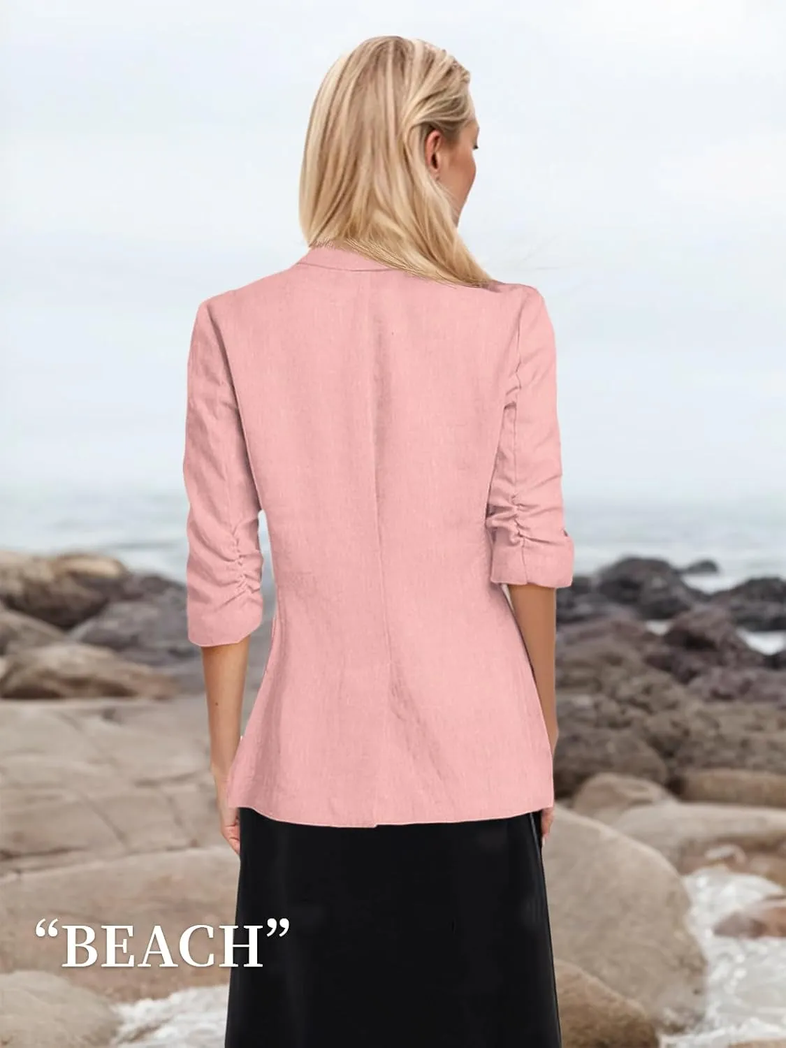 2025 Summer Linen Blazer Women Lightweight 3/4 Stretchy Ruched Sleeve Fully-Lined Casual Work Jacket with Pockets
