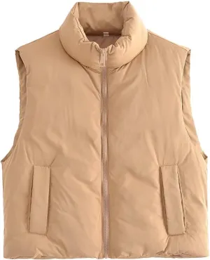 2025 Winter Trendy Puffer Vest for Women Sleeveless Warm Solid Color Pocket Coat Zipper Casual Down Jacket