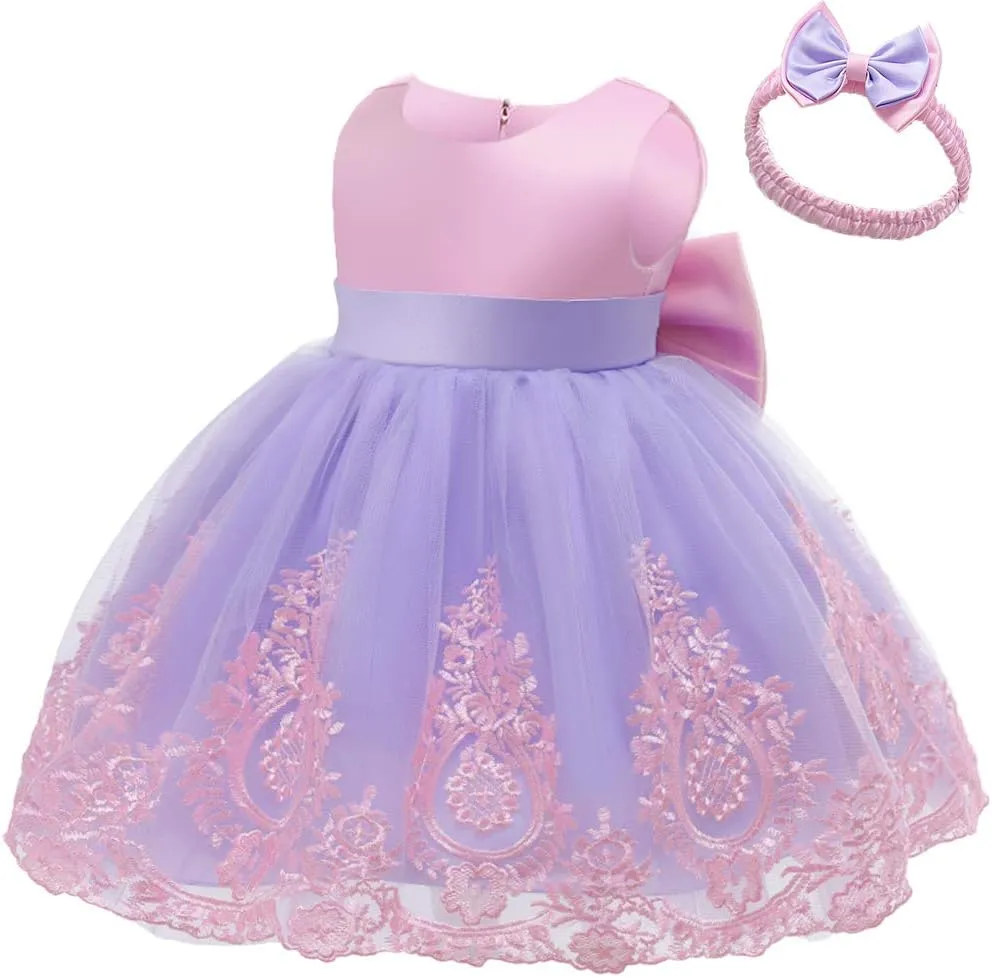 AIMJCHLD 0-6 Years Toddler Baby Girls Pageant Lace Embroidery Dresses Formal Dress with Headwear