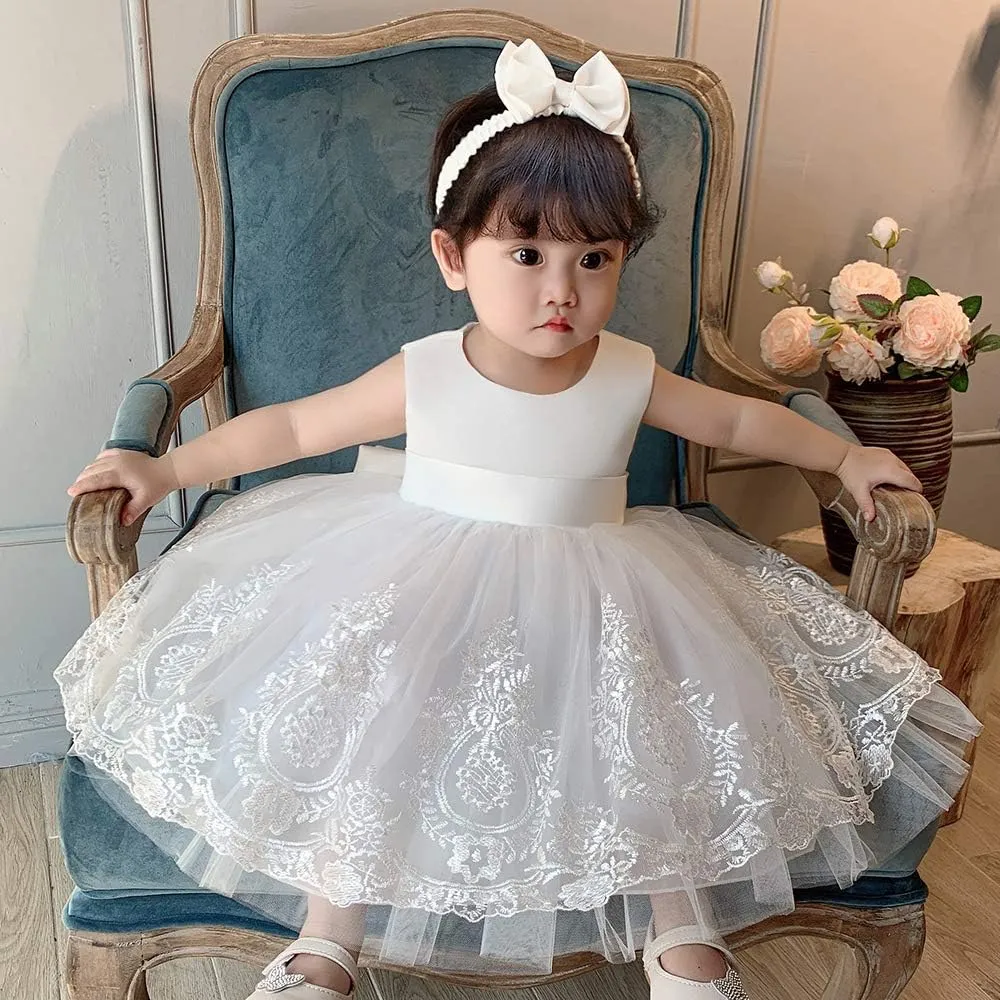 AIMJCHLD 0-6 Years Toddler Baby Girls Pageant Lace Embroidery Dresses Formal Dress with Headwear