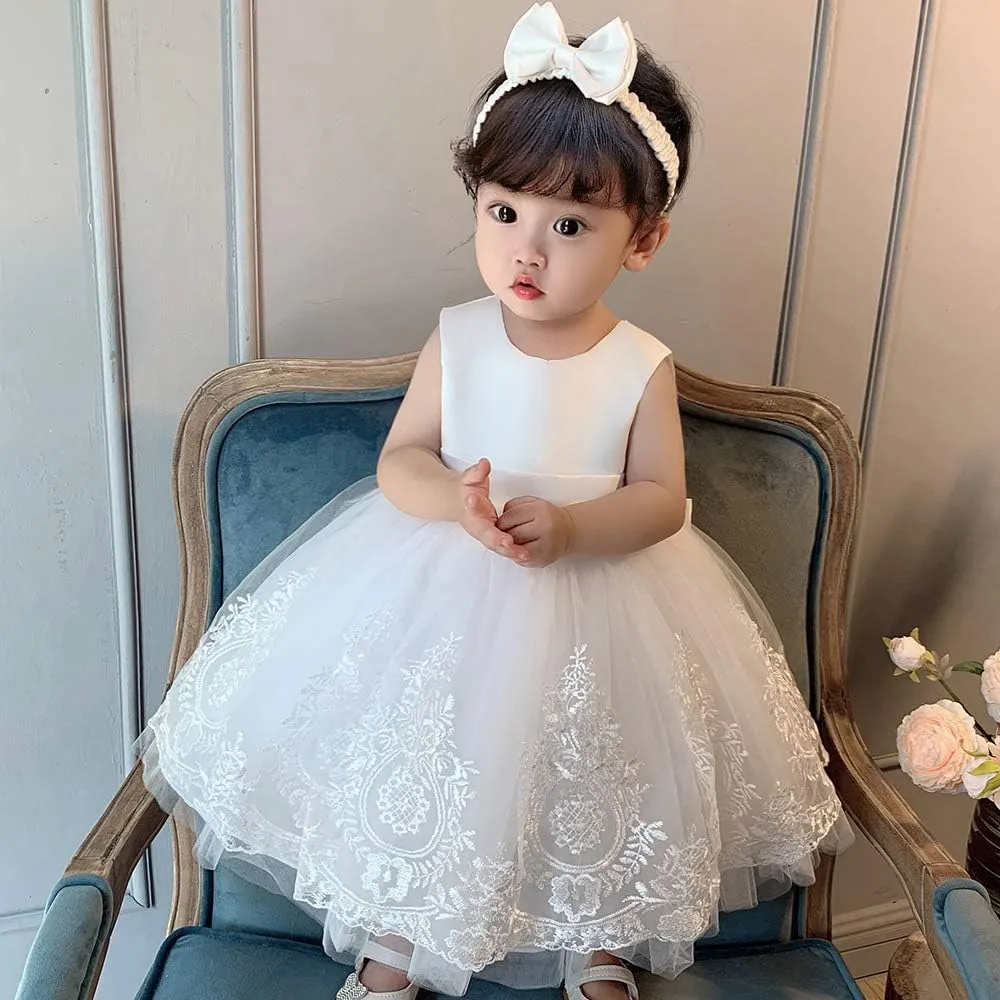 AIMJCHLD 0-6 Years Toddler Baby Girls Pageant Lace Embroidery Dresses Formal Dress with Headwear