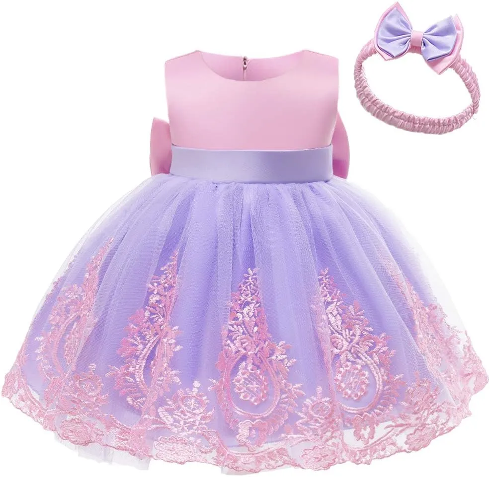 AIMJCHLD 0-6 Years Toddler Baby Girls Pageant Lace Embroidery Dresses Formal Dress with Headwear
