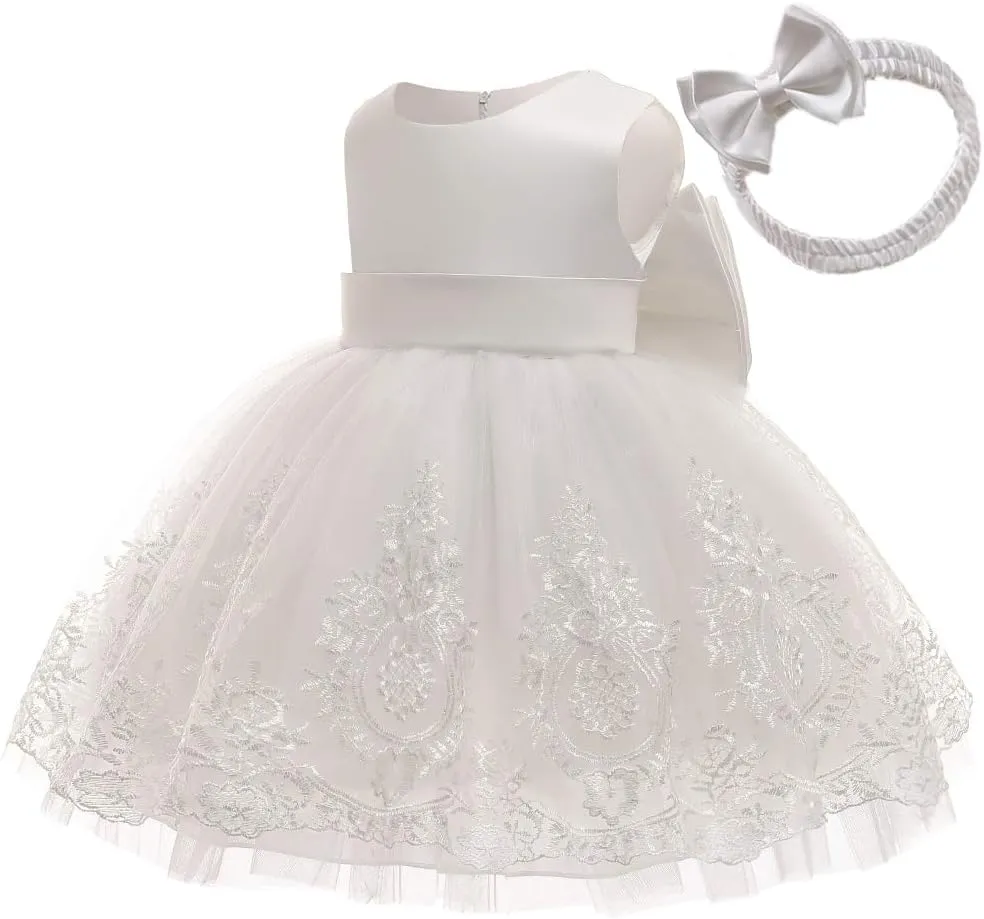 AIMJCHLD 0-6 Years Toddler Baby Girls Pageant Lace Embroidery Dresses Formal Dress with Headwear