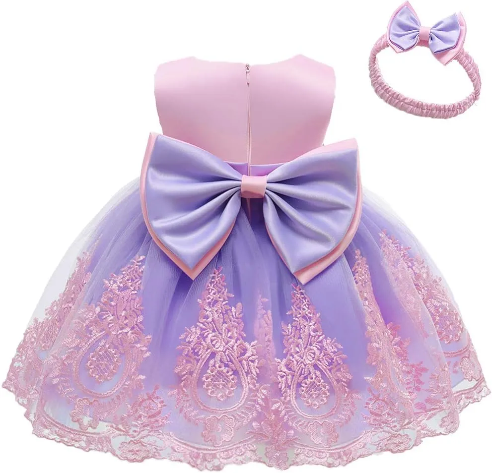 AIMJCHLD 0-6 Years Toddler Baby Girls Pageant Lace Embroidery Dresses Formal Dress with Headwear