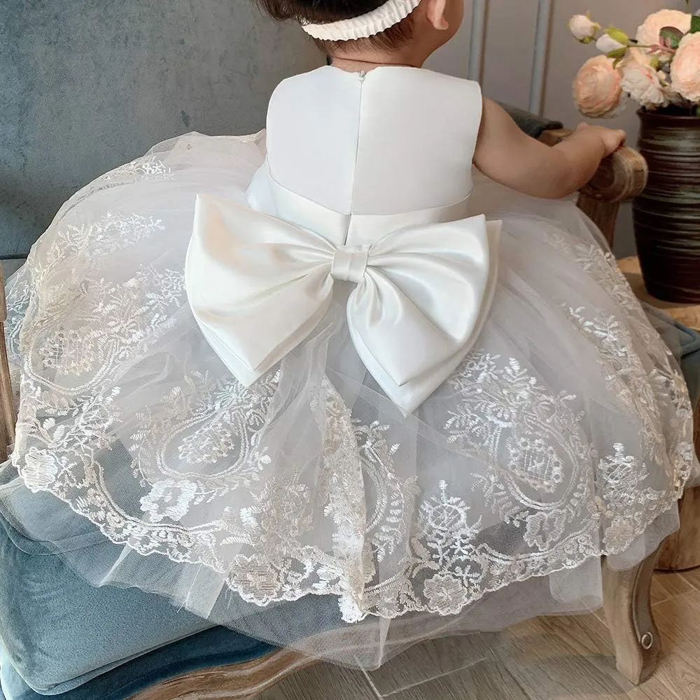 AIMJCHLD 0-6 Years Toddler Baby Girls Pageant Lace Embroidery Dresses Formal Dress with Headwear