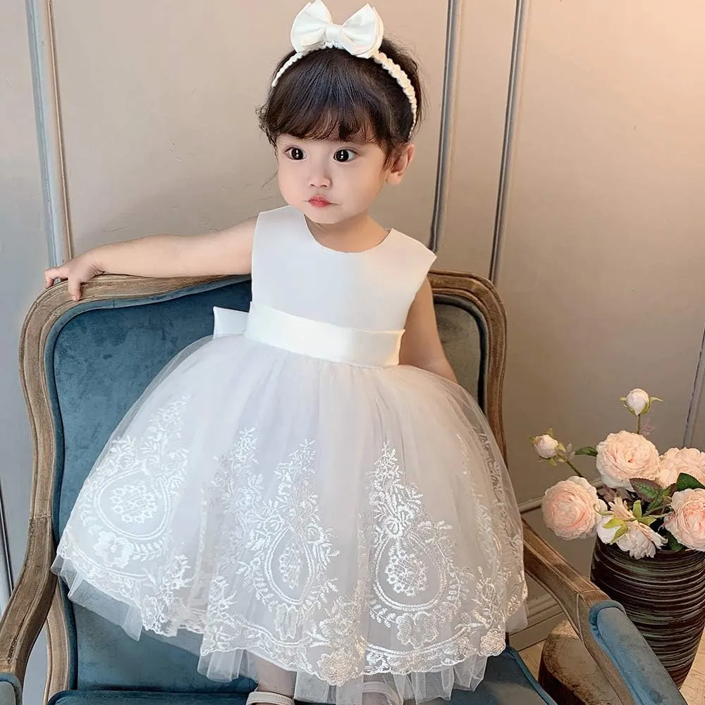 AIMJCHLD 0-6 Years Toddler Baby Girls Pageant Lace Embroidery Dresses Formal Dress with Headwear