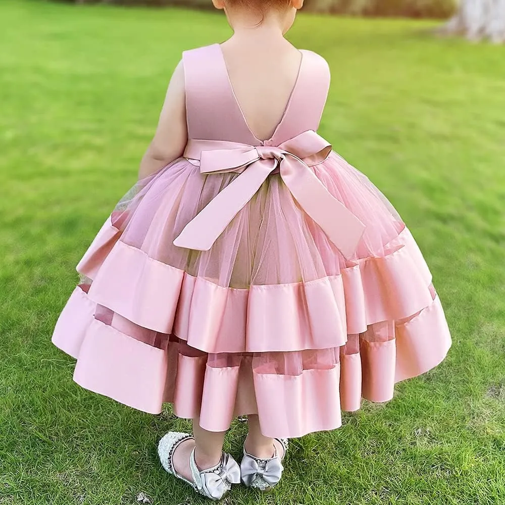 AIMJCHLD 0-6T Baby Girls V Backless Flower Dress Pageant Party Wedding Gown Dresses with Hair Bow