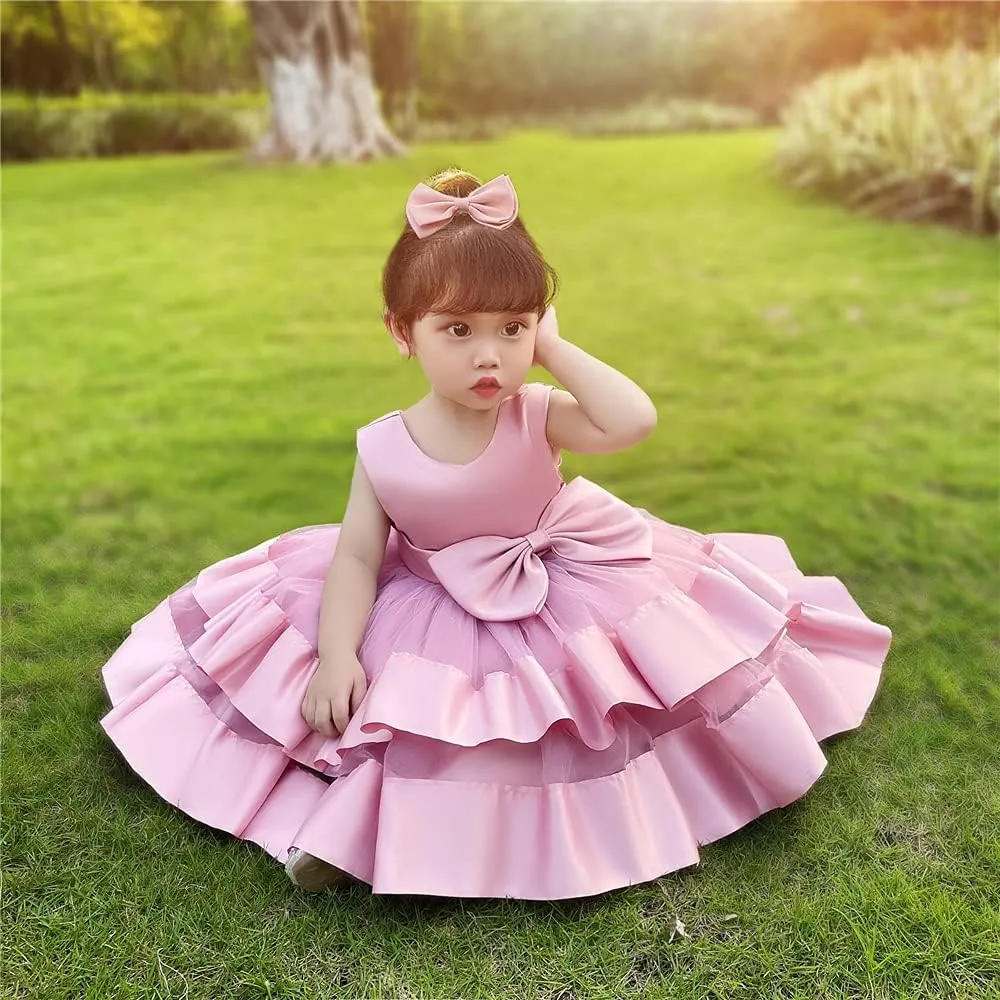 AIMJCHLD 0-6T Baby Girls V Backless Flower Dress Pageant Party Wedding Gown Dresses with Hair Bow