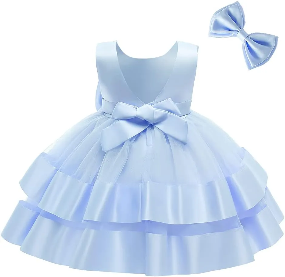 AIMJCHLD 0-6T Baby Girls V Backless Flower Dress Pageant Party Wedding Gown Dresses with Hair Bow