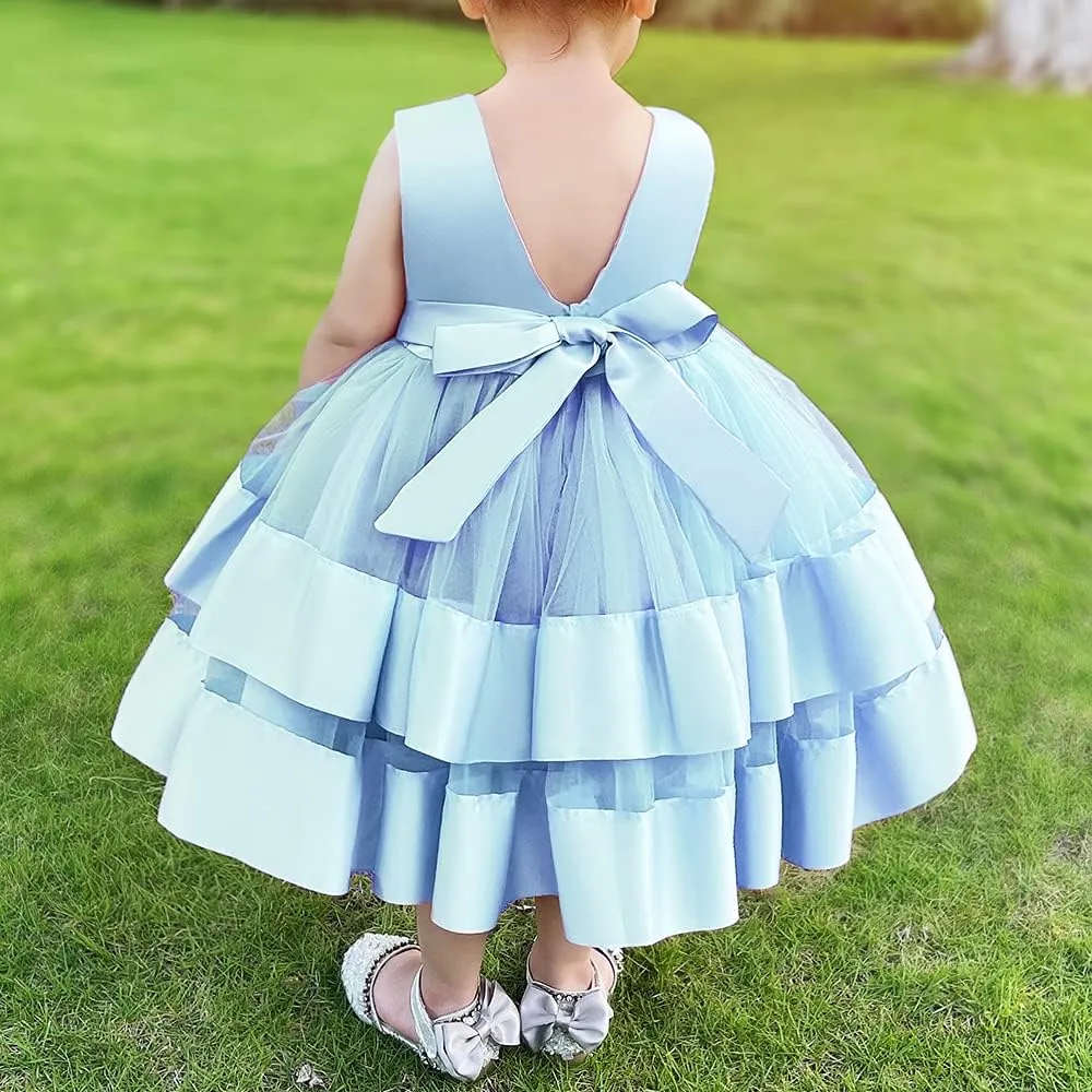 AIMJCHLD 0-6T Baby Girls V Backless Flower Dress Pageant Party Wedding Gown Dresses with Hair Bow
