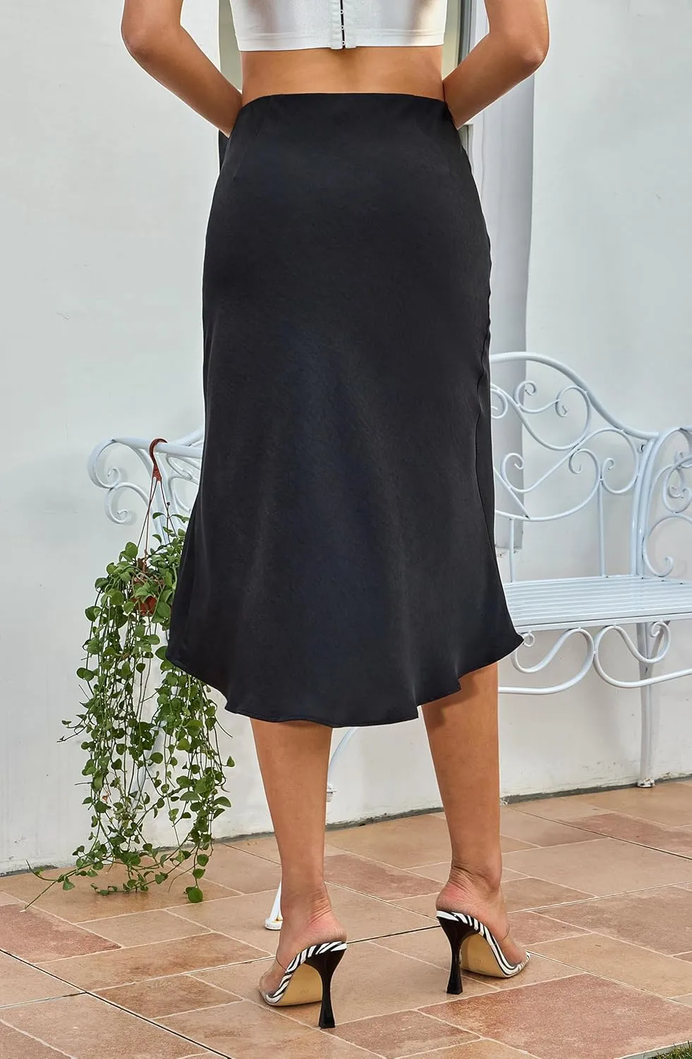ALCEA ROSEA Women High Waist Silky Satin Midi Skirt Elastic Waist A Line Skirt with Slit