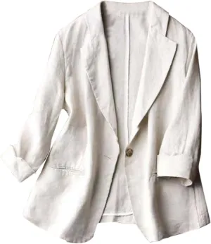Aniywn Linen Blazer Women Summer Lightweight Casual One Button Linen Work Jackets Lapel 3/4 Sleeve Blazer for Women Trendy