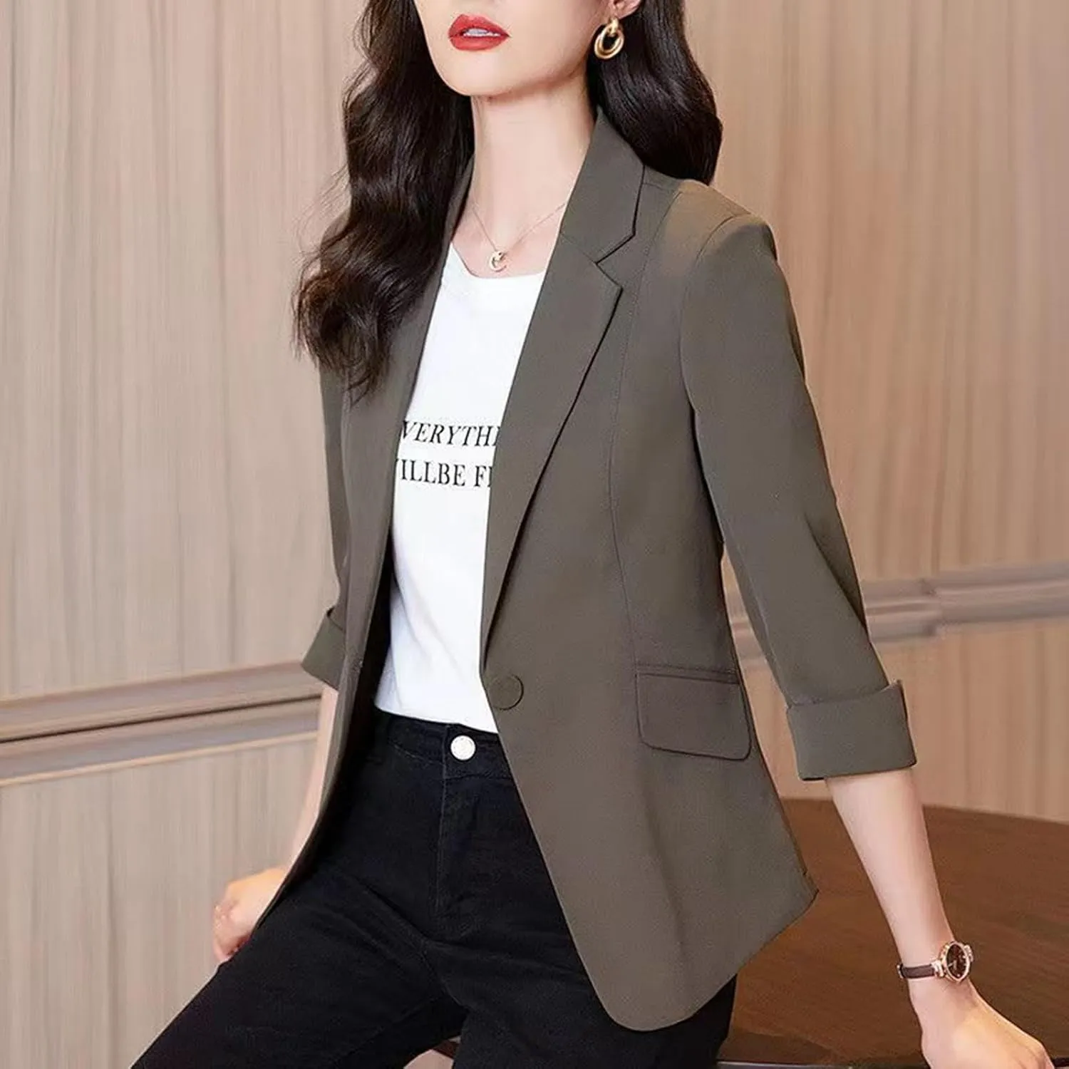 Aniywn Linen Blazer Women Summer Lightweight Casual One Button Linen Work Jackets Lapel 3/4 Sleeve Blazer for Women Trendy