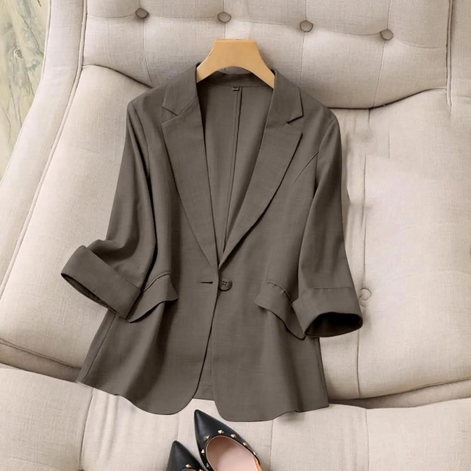 Aniywn Linen Blazer Women Summer Lightweight Casual One Button Linen Work Jackets Lapel 3/4 Sleeve Blazer for Women Trendy