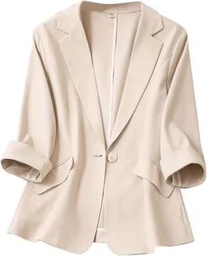 Aniywn Linen Blazer Women Summer Lightweight Casual One Button Linen Work Jackets Lapel 3/4 Sleeve Blazer for Women Trendy