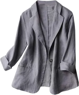 Aniywn Linen Blazer Women Summer Lightweight Casual One Button Linen Work Jackets Lapel 3/4 Sleeve Blazer for Women Trendy
