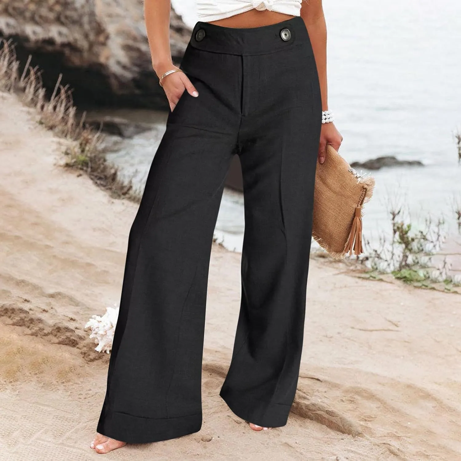 Baggy Wide Leg Trousers Women Plus Size High Waisted Pants Comfy Lounge Pants with Pockets Bootcut Palazzo Pants