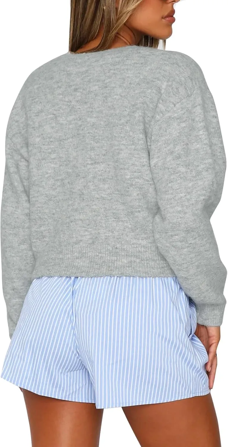 Balimtoy Women's Cropped Cardigan Sweaters Long Sleeve Button Down Sweaters Knit Cardigan Cute Y2k Open Front Crop Top