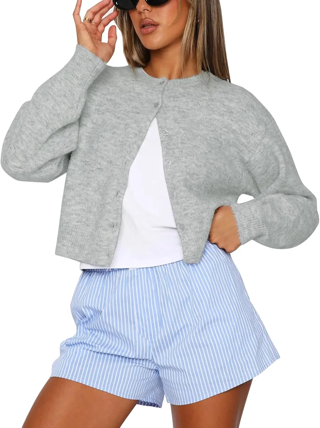 Balimtoy Women's Cropped Cardigan Sweaters Long Sleeve Button Down Sweaters Knit Cardigan Cute Y2k Open Front Crop Top