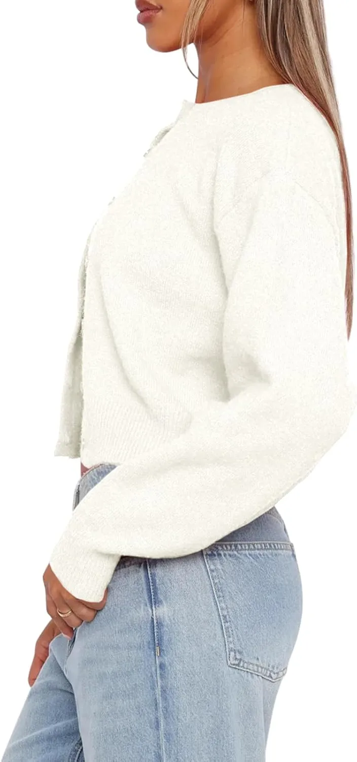 Balimtoy Women's Cropped Cardigan Sweaters Long Sleeve Button Down Sweaters Knit Cardigan Cute Y2k Open Front Crop Top