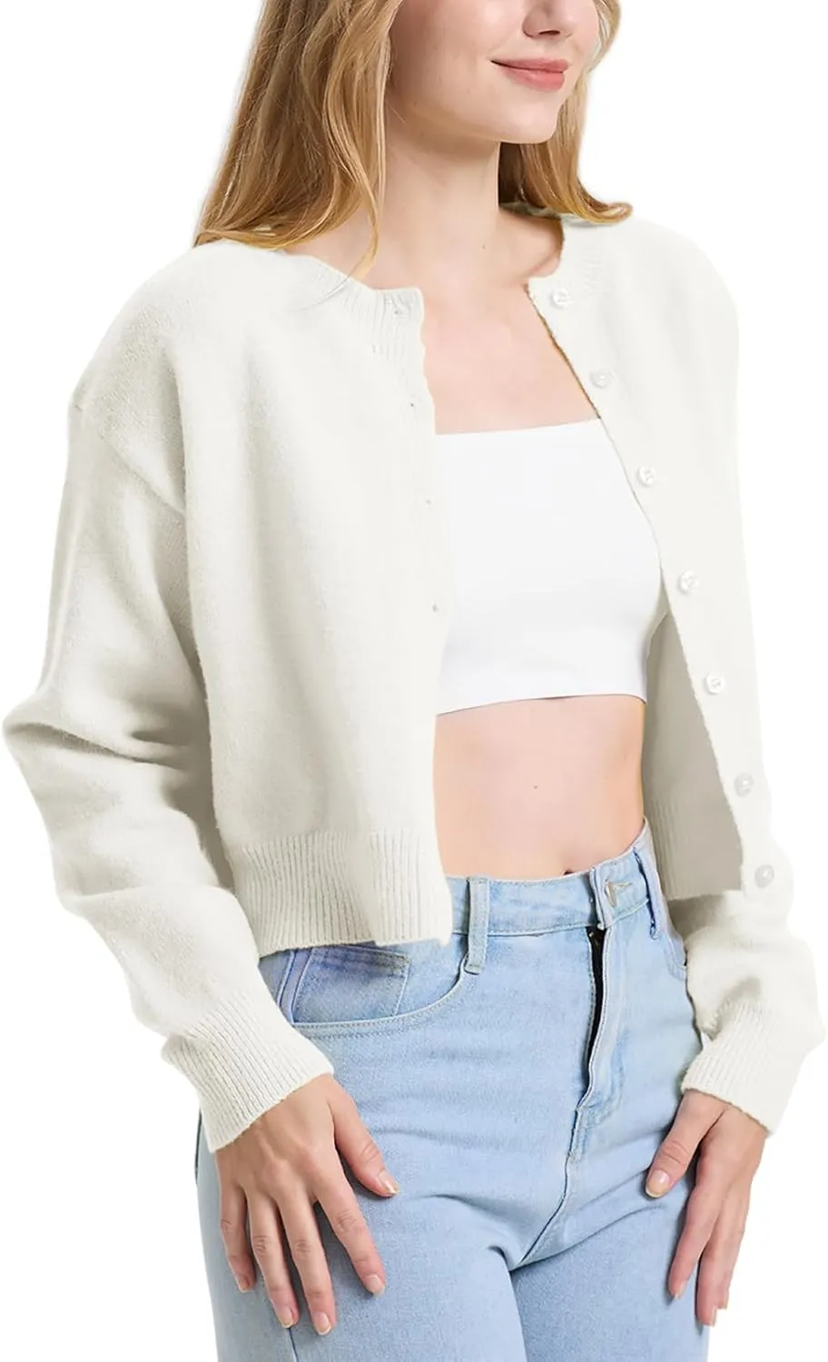 Balimtoy Women's Cropped Cardigan Sweaters Long Sleeve Button Down Sweaters Knit Cardigan Cute Y2k Open Front Crop Top