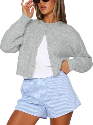 Balimtoy Women's Cropped Cardigan Sweaters Long Sleeve Button Down Sweaters Knit Cardigan Cute Y2k Open Front Crop Top