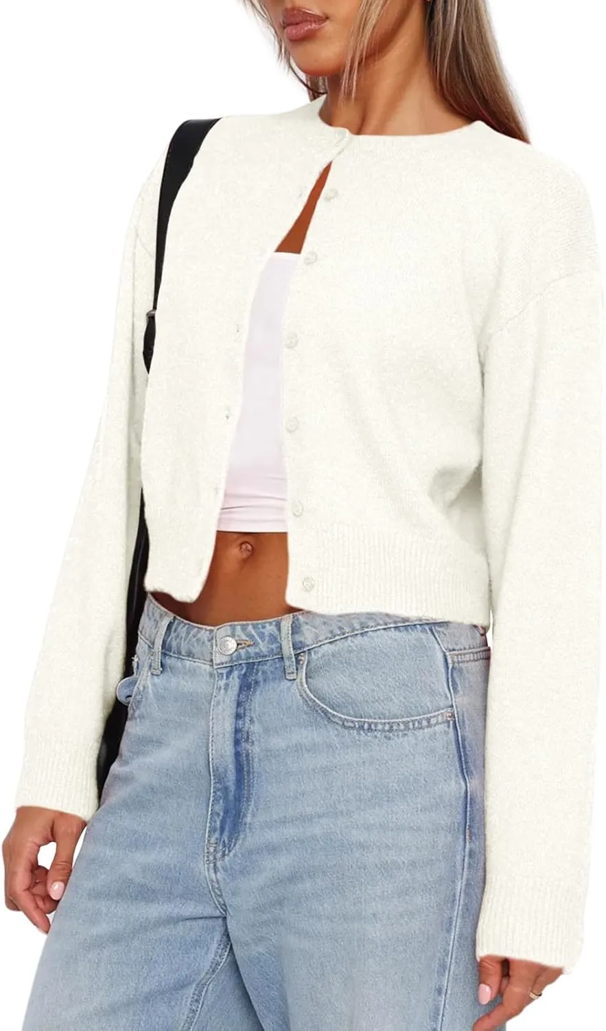 Balimtoy Women's Cropped Cardigan Sweaters Long Sleeve Button Down Sweaters Knit Cardigan Cute Y2k Open Front Crop Top
