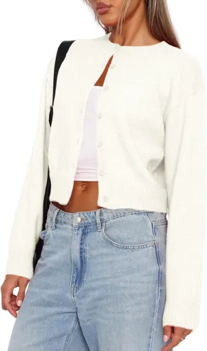 Balimtoy Women's Cropped Cardigan Sweaters Long Sleeve Button Down Sweaters Knit Cardigan Cute Y2k Open Front Crop Top