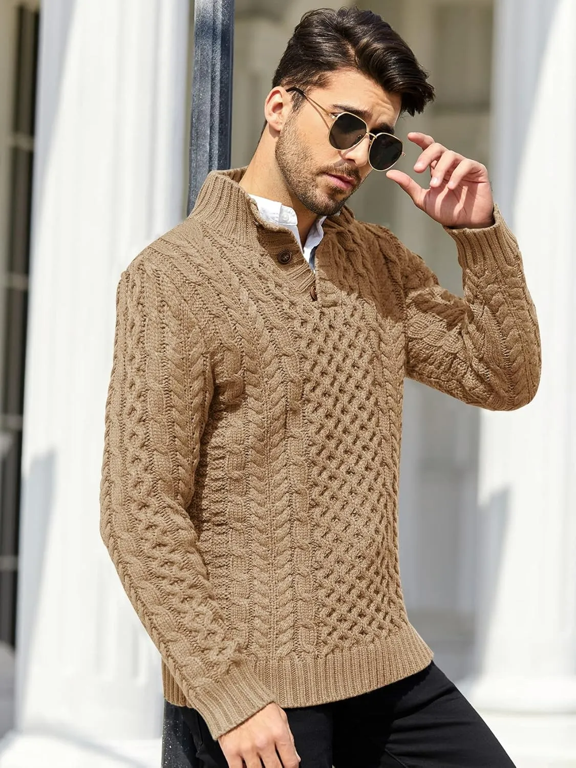 Bbalizko Mens Stand Collar Pullover Sweater Cable Knitted Chunky Winter Fashion Buttons Twisted Thermal Sweaters