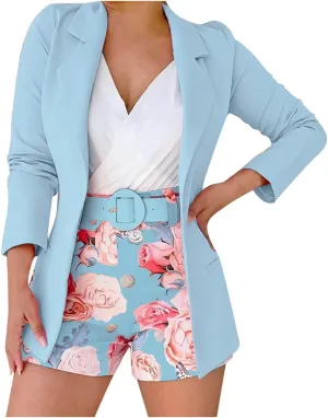 Blazer Sets Women 2 Piece Outfits with Belt Long Sleeve Coat Casual Office Blazers Jackets Shorts Suit, Small