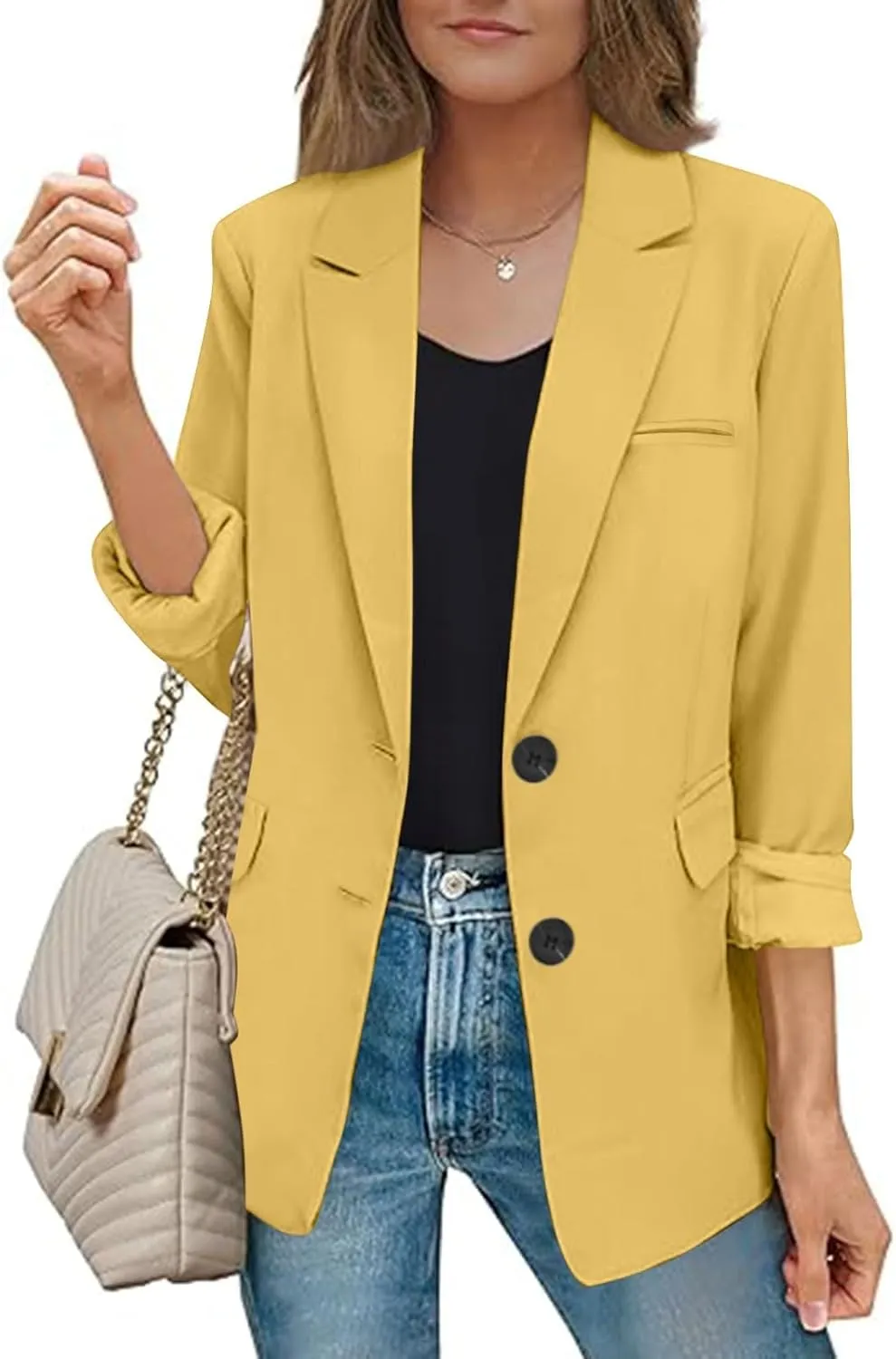 Blazers for Women Business Casual Long Sleeve Lapel Open Front Button Work Office Blazer Jackets with Pockets 2024
