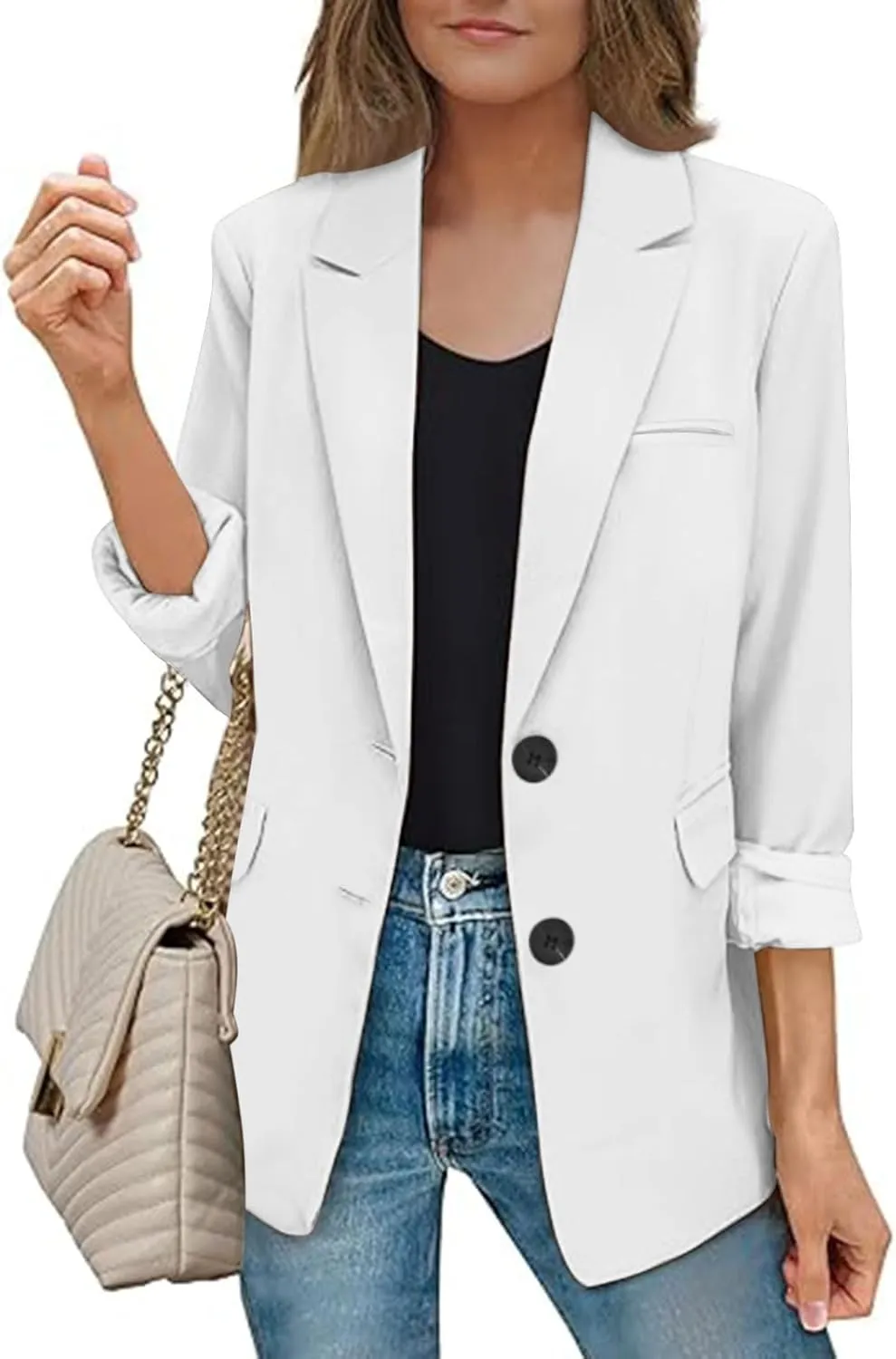 Blazers for Women Business Casual Long Sleeve Lapel Open Front Button Work Office Blazer Jackets with Pockets 2024