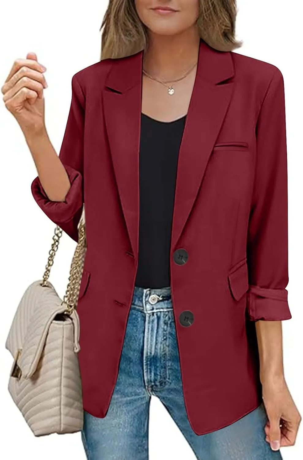 Blazers for Women Business Casual Long Sleeve Lapel Open Front Button Work Office Blazer Jackets with Pockets 2024