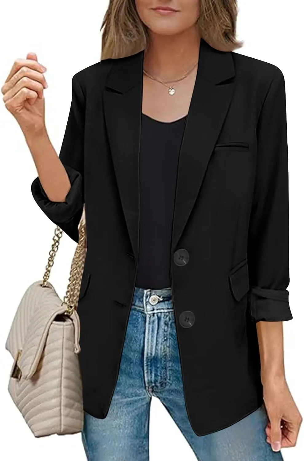 Blazers for Women Business Casual Long Sleeve Lapel Open Front Button Work Office Blazer Jackets with Pockets 2024