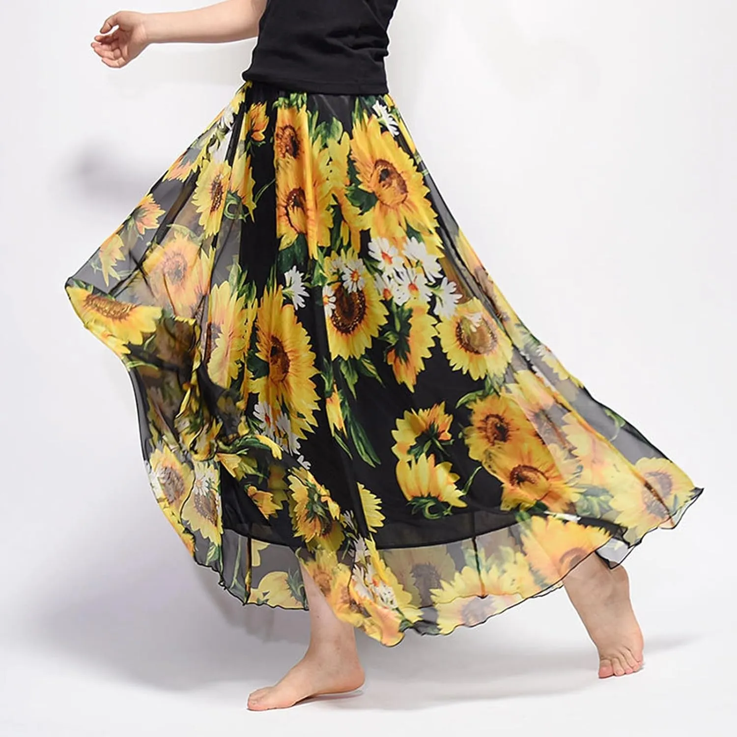 Boho Maxi Skirts for Women Summer Chiffon Floral Long Skirt Flowy High Waist Pleated A Line Skirts Cute Bohemian Beach Dress
