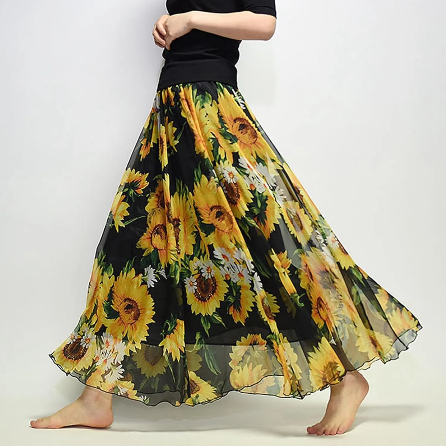 Boho Maxi Skirts for Women Summer Chiffon Floral Long Skirt Flowy High Waist Pleated A Line Skirts Cute Bohemian Beach Dress