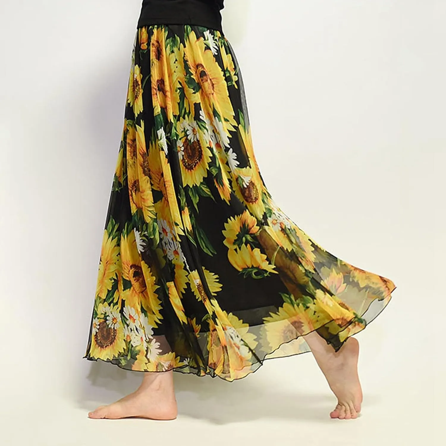 Boho Maxi Skirts for Women Summer Chiffon Floral Long Skirt Flowy High Waist Pleated A Line Skirts Cute Bohemian Beach Dress
