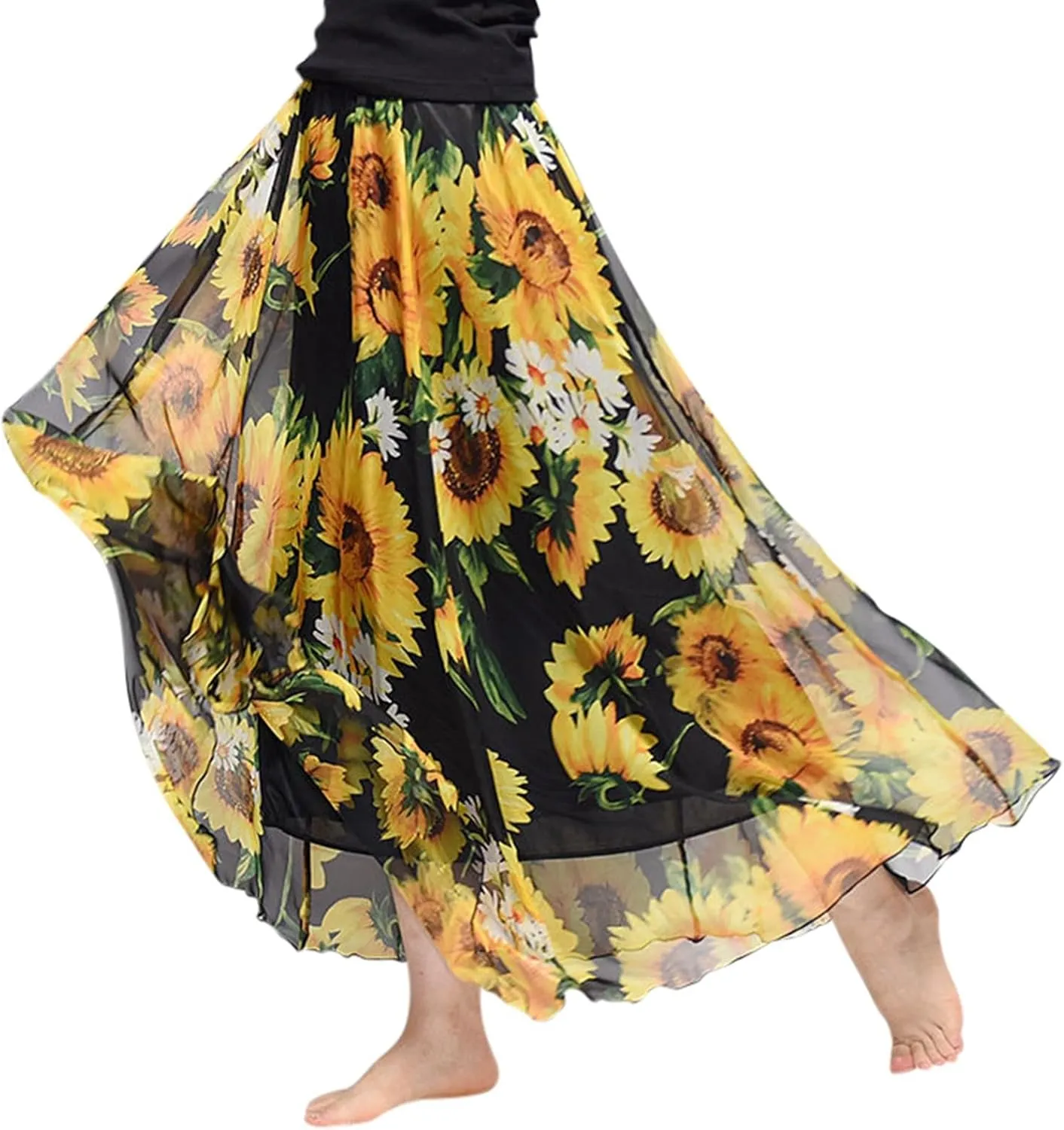 Boho Maxi Skirts for Women Summer Chiffon Floral Long Skirt Flowy High Waist Pleated A Line Skirts Cute Bohemian Beach Dress