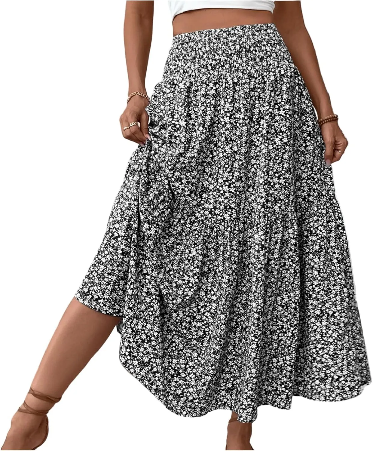 Boho Skirts for Women - High Waisted Floral Maxi Skirt with Pockets, Elastic Waist Flowy Beach Vacation Dress