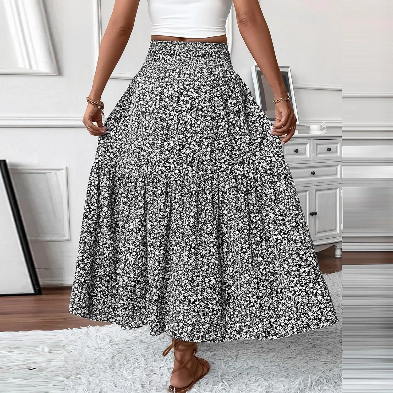 Boho Skirts for Women - High Waisted Floral Maxi Skirt with Pockets, Elastic Waist Flowy Beach Vacation Dress