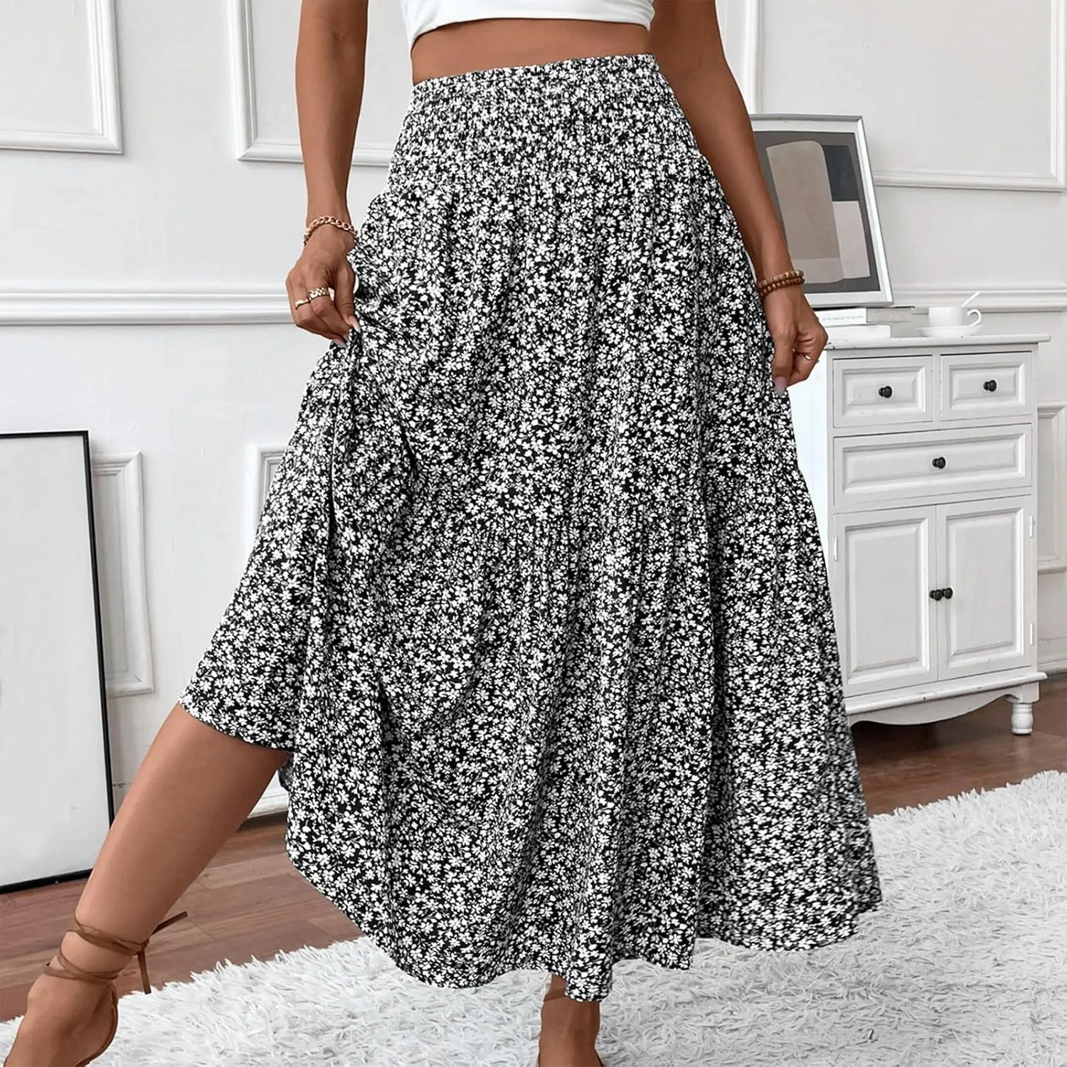 Boho Skirts for Women - High Waisted Floral Maxi Skirt with Pockets, Elastic Waist Flowy Beach Vacation Dress
